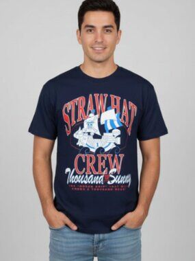 One Piece Straw Hat Crew Thousand Sunny Anime T-Shirt Navy Adult Size Large